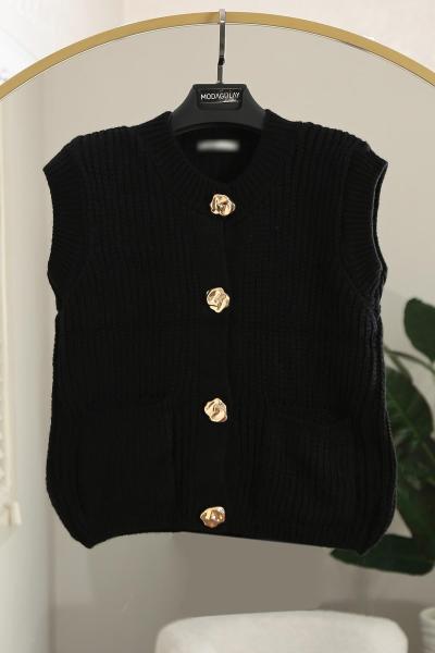 Çift Cepli Sarı Düğmeli Selanik Triko Yelek Siyah