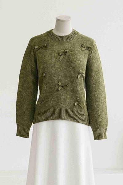 Sıfır Yaka Kurdela Detaylı Triko Kazak Yeşil