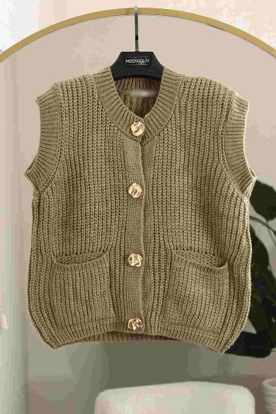 Çift Cepli Sarı Düğmeli Selanik Triko Yelek Yeşil