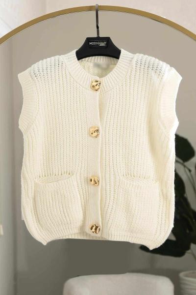 Çift Cepli Sarı Düğmeli Selanik Triko Yelek Kemik