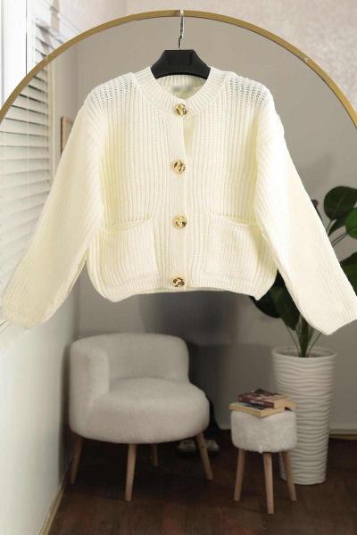 Dört Düğmeli Çift Cepli Triko Hırka Kemik