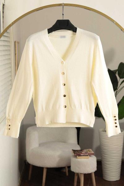 Düğmeli Kolları Çıtçıtlı Corsman Triko Hırka Ekru