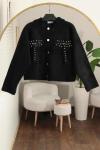 Cep Taş Detaylı Sakal Triko Ceket Siyah