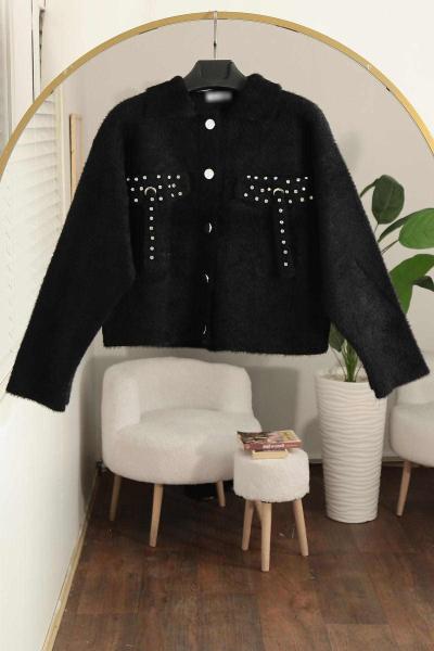 Cep Taş Detaylı Sakal Triko Ceket Siyah