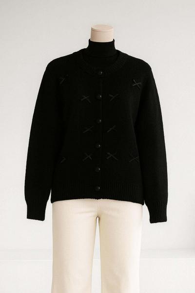 Kurdelalı Düğmeli Triko Hırka Siyah