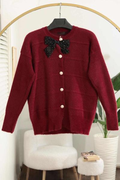 Papyon Aksesuar İnci Düğmeli Yumoş Angora Hırka Bordo