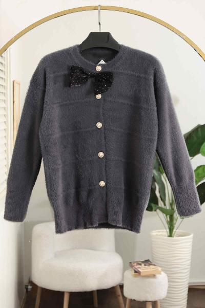 Papyon Aksesuar İnci Düğmeli Yumoş Angora Hırka Füme