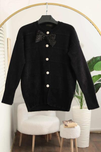 Papyon Aksesuar İnci Düğmeli Yumoş Angora Hırka Siyah