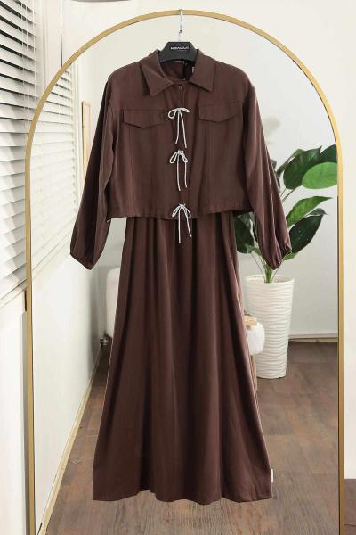 Sim Bağlamalı İkili Tencel Elbise Takım Kahve