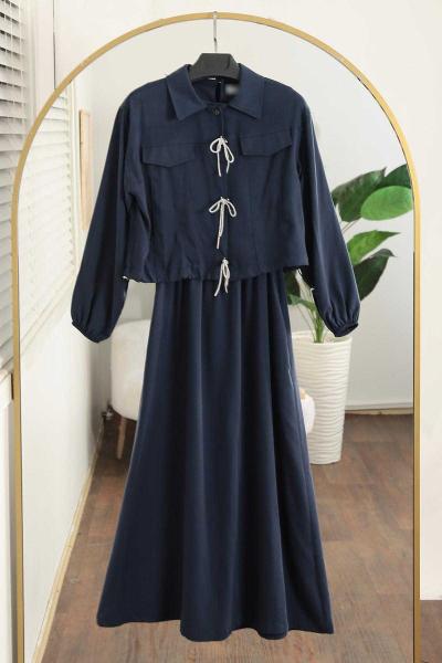 Sim Bağlamalı İkili Tencel Elbise Takım Lacivert