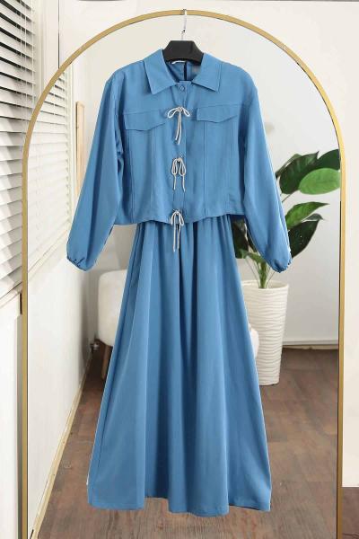 Sim Bağlamalı İkili Tencel Elbise Takım Mavi