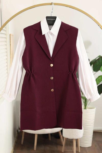 Kruvaze Metal Düğmeli Yanları Büzgülü Yelek Mürdüm
