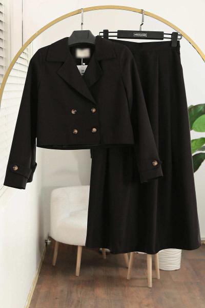 Dört Düğmeli Kısa Ceket Pileli Etekli Takım Siyah