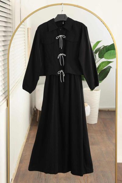 Sim Bağlamalı İkili Tencel Elbise Takım Siyah