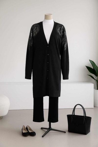 Omuzları Payet Detaylı Merserize Hırka Siyah