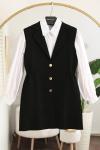 Kruvaze Metal Düğmeli Yanları Büzgülü Yelek Siyah
