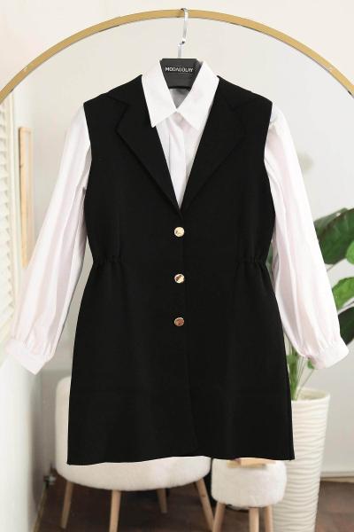 Kruvaze Metal Düğmeli Yanları Büzgülü Yelek Siyah