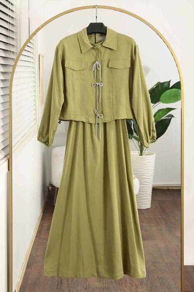 Sim Bağlamalı İkili Tencel Elbise Takım Fıstık