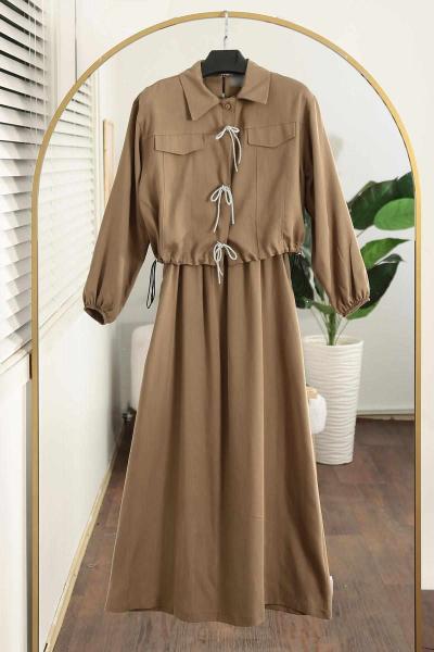 Sim Bağlamalı İkili Tencel Elbise Takım Yağ Yeşili