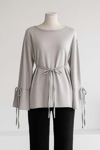 Kolları Bağlamalı İnce Kuşaklı Modal İkiip Tunik Açık Gri