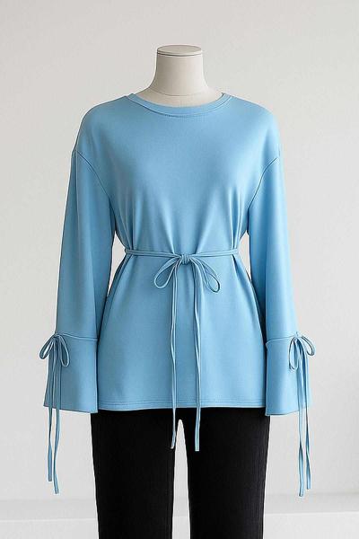 Kolları Bağlamalı İnce Kuşaklı Modal İkiip Tunik Bebe Mavi