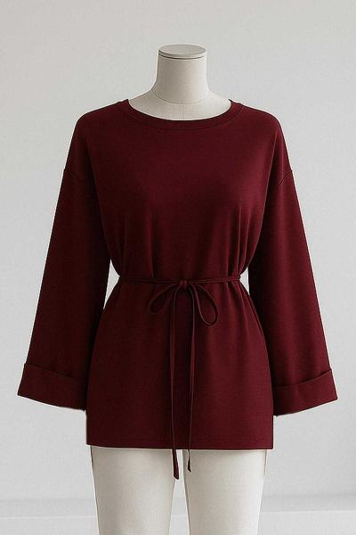 Duble Kollu İnce Kuşaklı Modal İkiip Tunik Bordo