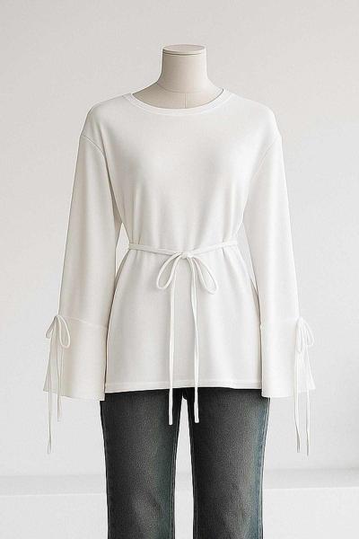 Kolları Bağlamalı İnce Kuşaklı Modal İkiip Tunik Ekru