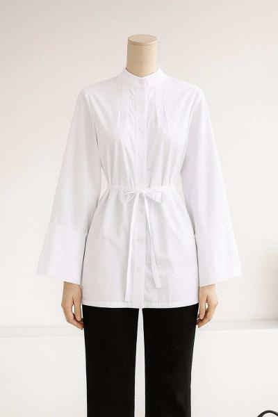 Önü Arkası Dikişli İnce Kuşaklı Oversıze Poplin Gömlek Ekru