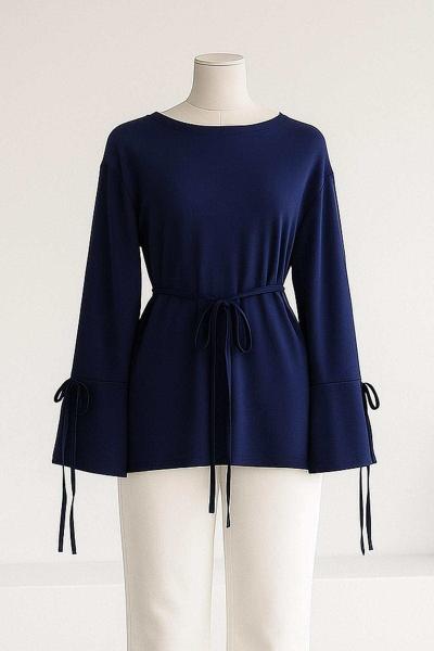 Kolları Bağlamalı İnce Kuşaklı Modal İkiip Tunik Lacivert