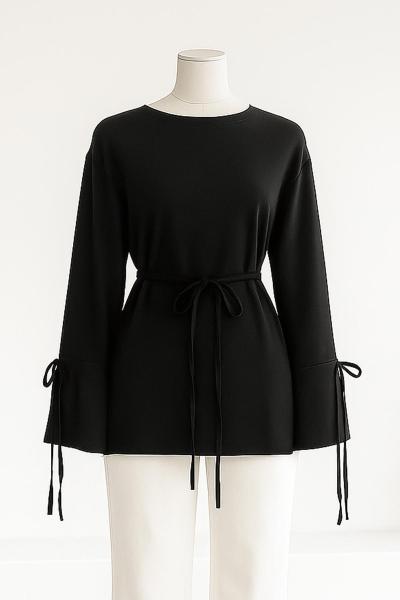 Kolları Bağlamalı İnce Kuşaklı Modal İkiip Tunik Siyah