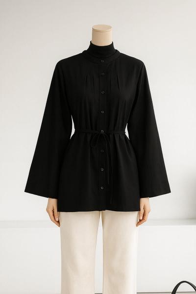 Önü Arkası Dikişli İnce Kuşaklı Oversıze Poplin Gömlek Siyah