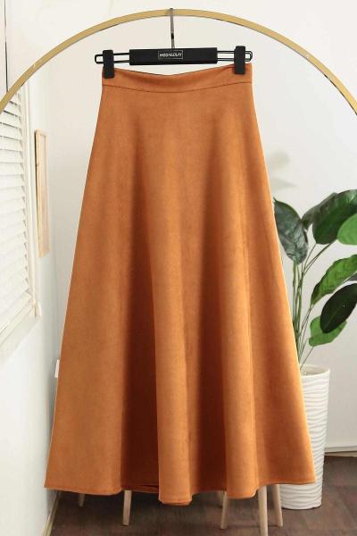 Kloş Fermuarlı Süet Etek Taba