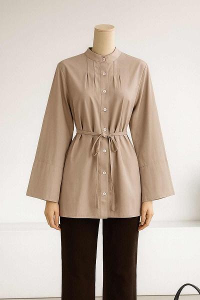 Önü Arkası Dikişli İnce Kuşaklı Oversıze Poplin Gömlek Vizon