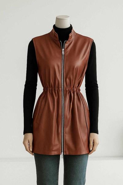Beli Bağlamalı Fermuarlı Deri Yelek Kahve
