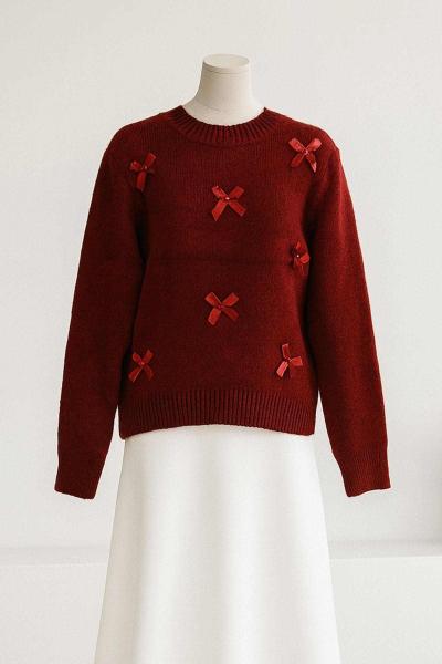 Sıfır Yaka Kurdela Detaylı Triko Kazak Bordo