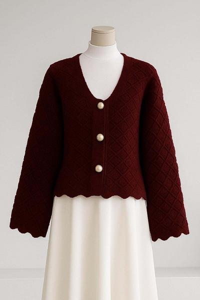 Üç Düğmeli Ajurlu Triko Hırka Bordo