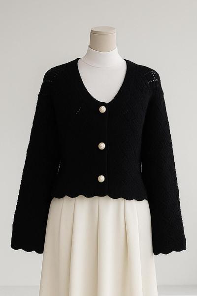 Üç Düğmeli Ajurlu Triko Hırka Lacivert