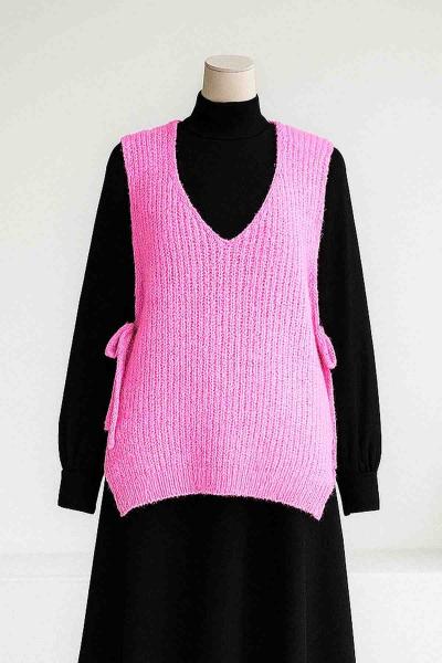 Yanları Bağlamalı Selanik Triko Süveter Pembe