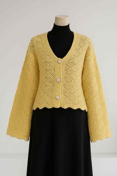 Üç Düğmeli Ajurlu Triko Hırka Sarı