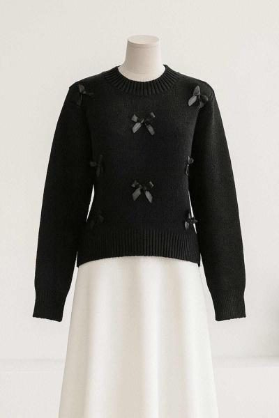 Sıfır Yaka Kurdela Detaylı Triko Kazak Siyah