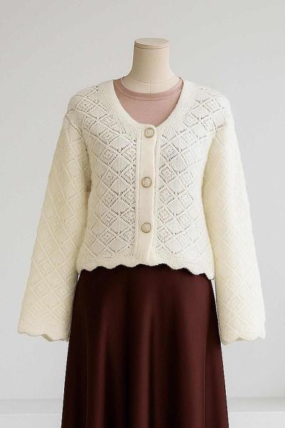 Üç Düğmeli Ajurlu Triko Hırka Kemik