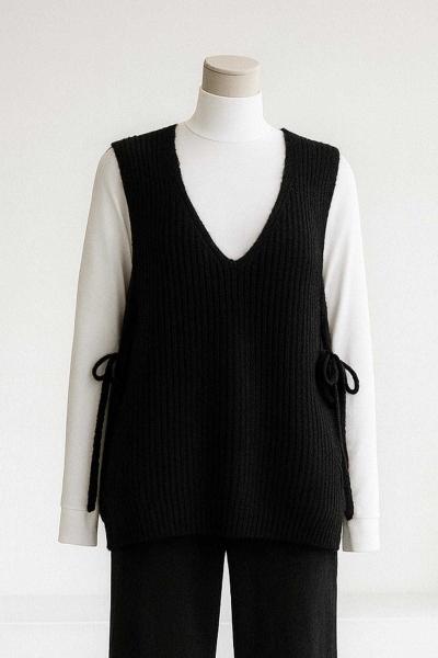 Yanları Bağlamalı Selanik Triko Süveter Siyah