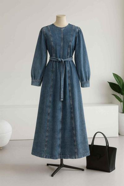 Dikişli Kuşaklı Kot Elbise Açık Mavi