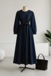 Dikişli Kuşaklı Kot Elbise Koyu Mavi