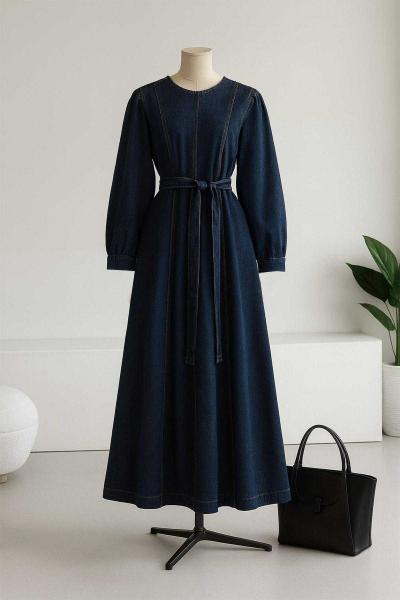 Dikişli Kuşaklı Kot Elbise Koyu Mavi