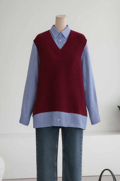 Süveterli Çizgili Garnili Gömlek Bordo