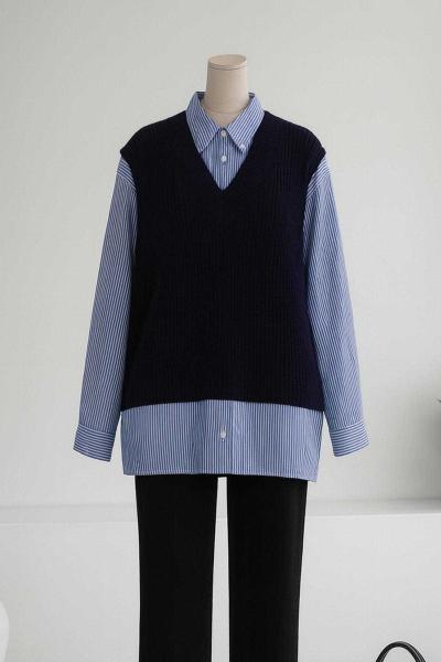 Süveterli Çizgili Garnili Gömlek Lacivert