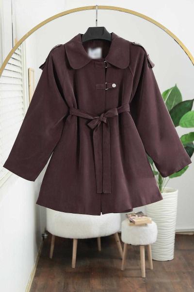 Apoletli Yaka Tokalı Nilla Trençkot Kahve