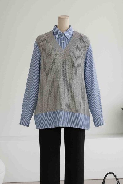 Süveterli Çizgili Garnili Gömlek Gri