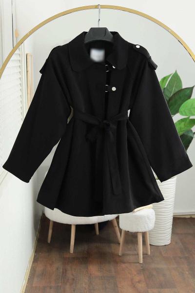 Apoletli Yaka Tokalı Nilla Trençkot Siyah